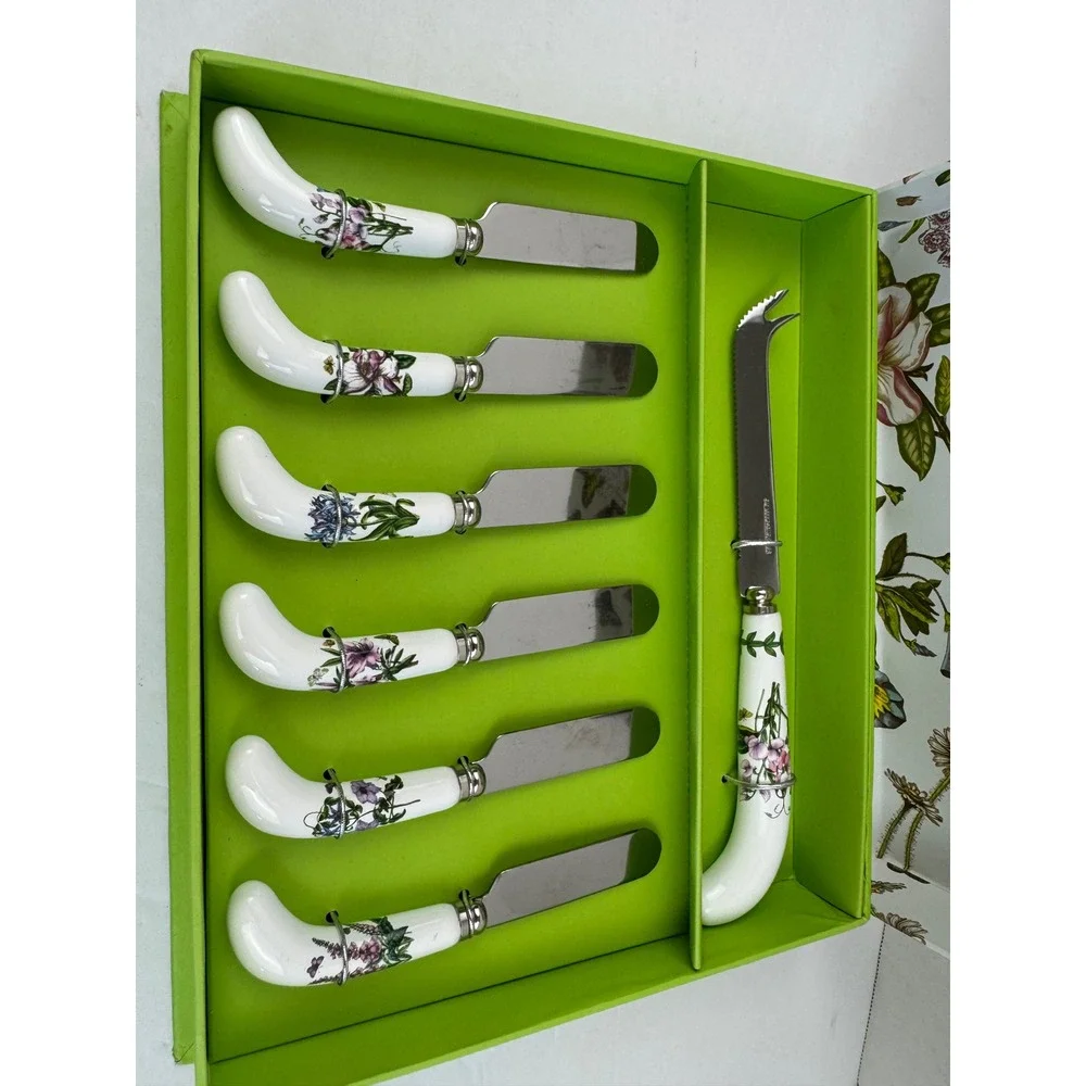 Portmeirion Botanic Garden Cheese Knife 6 Spreaders Set Floral Ceramic Handle